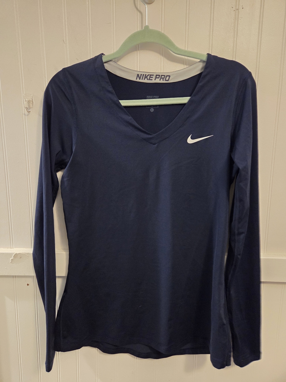 Nike Women's Long Sleeve V-Neck Top With Thumb Holes- Navy with White Swoosh